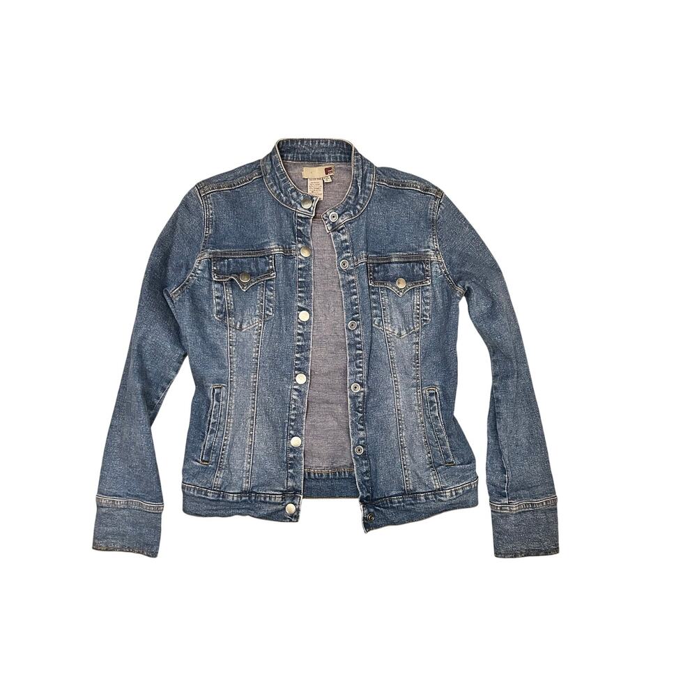 Vintage Denim Jean Jacket Forever Jeans Mandarin‎ Collar Buttoned EUC Medium